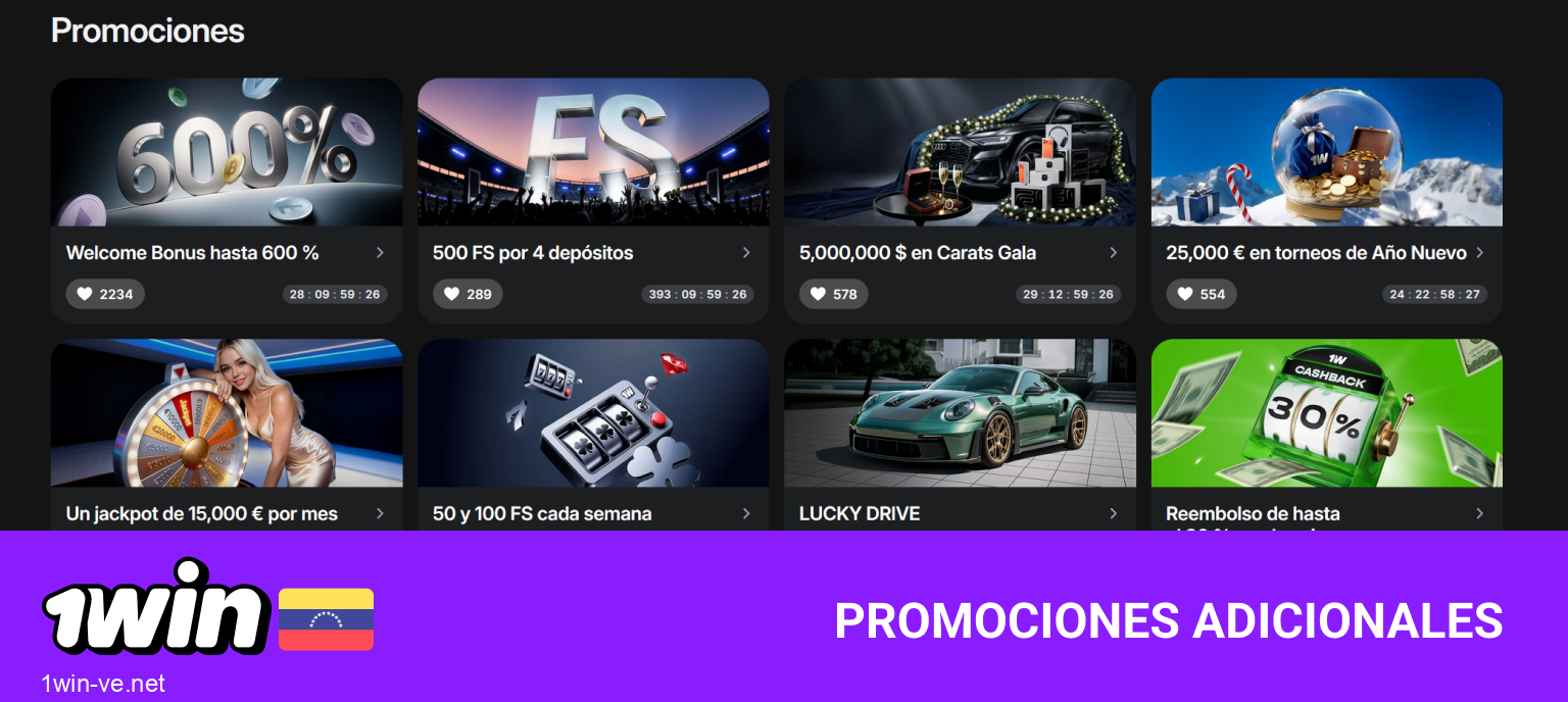 Promociones adicionales 1Win Venezuela: cashback, giros y bonos especiales