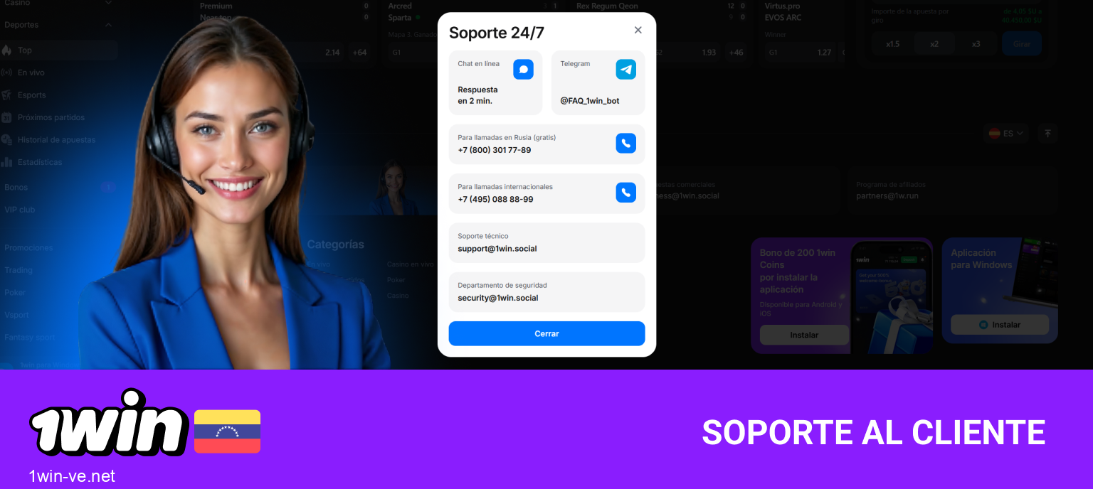Opciones de contacto en 1Win: chat, teléfono y redes sociales